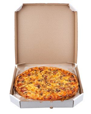 Pizza in a box isolated on white background